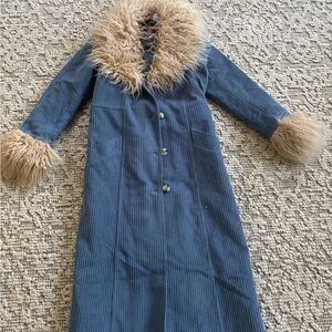 Blue Corduroy Coat with Faux Fur Trim
